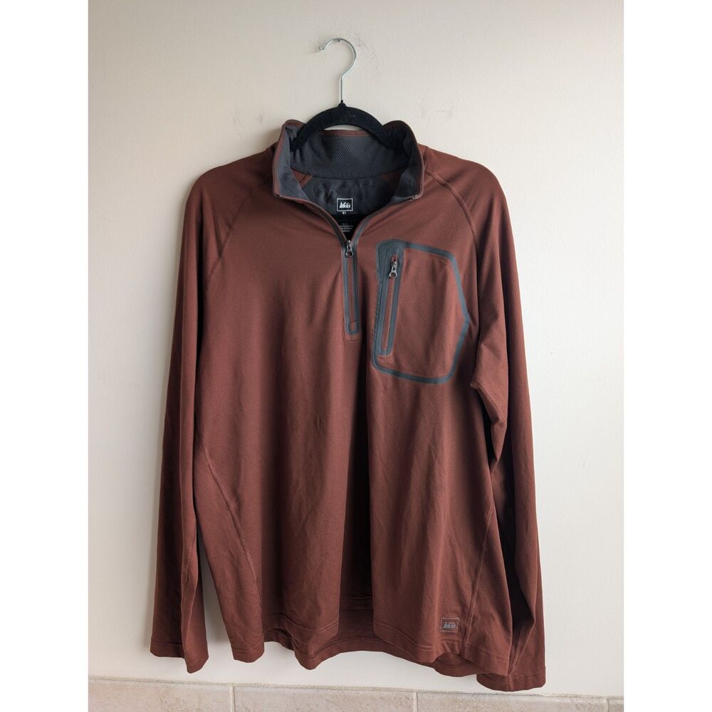 REI Co-op Mens XL Quarter Zip Hiking Pullover Rust Brown Chest Pocket Outdoor